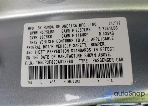 2012 Honda Accord 3.5 Ex-L from USA, damaged, VIN 1HGCP3F89CA016690